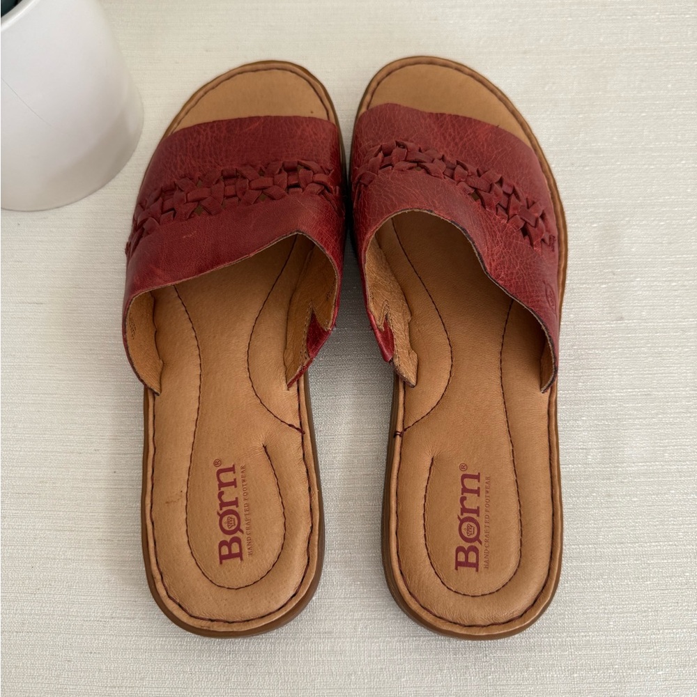 Born Burgundy Leather Woven Slide Sandals - Picture 8 of 13